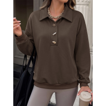 Women Solid Collared Half Button Long Sleeve Polo Sweatshirt