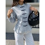 Women Mandarin Collar Striped Frog Button Peplum Blouse