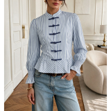 Women Mandarin Collar Striped Frog Button Peplum Blouse
