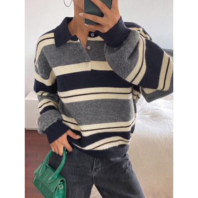 Women Oversized Striped Polo Collar Knit Pullover Sweater