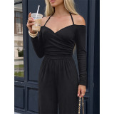 Women Off Shoulder Tie Back Ribbed Wide Leg Jumpsuit