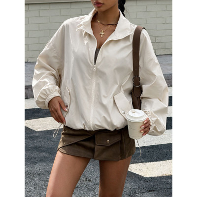 Women Oversized Stand Collar Zip Up Cropped Windbreaker Jacket