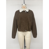 Women Sherpa Collar Cropped Corduroy Zip Up Jacket