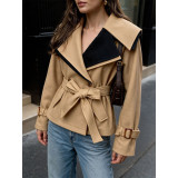 Women Belted Color Block Wool Blend Short Trench Coat