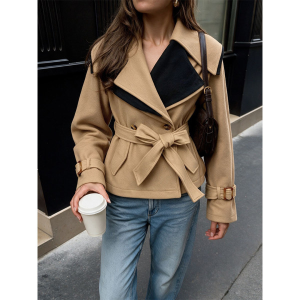 Women Belted Color Block Wool Blend Short Trench Coat