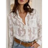 Women Butterfly Jacquard Sheer Long Sleeve Button Up Shirt