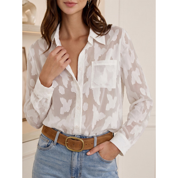 Women Butterfly Jacquard Sheer Long Sleeve Button Up Shirt