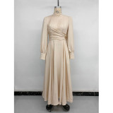 Mock Neck Wrap Waist Maxi Dress Women Elegant Long Sleeve Flowy Formal Dress