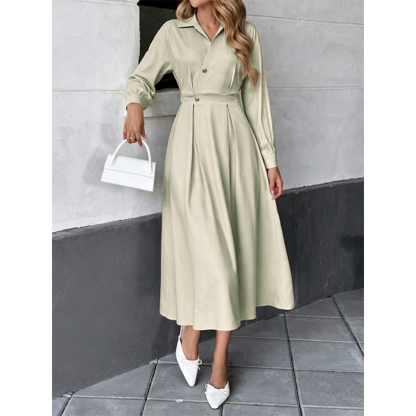 Lapel Collar Shirt Dress Women Long Sleeve Waist Tie Pleated Midi Office Dress