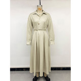 Lapel Collar Shirt Dress Women Long Sleeve Waist Tie Pleated Midi Office Dress