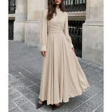 Mock Neck Wrap Waist Maxi Dress Women Elegant Long Sleeve Flowy Formal Dress