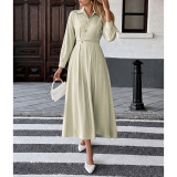 Lapel Collar Shirt Dress Women Long Sleeve Waist Tie Pleated Midi Office Dress