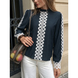 Navy Crochet Lace Panel Ruffle High Neck Long Puff Sleeve Loose Blouse