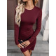 Burgundy Sequin Sleeve Round Neck Ruched Bodycon Mini Party Dress