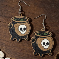 Halloween Cauldron Skull Pattern Wooden Dangle Drop Earrings