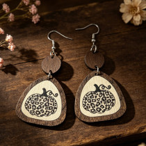 Fall Leopard Pumpkin Triangle Wooden Dangle Drop Earrings
