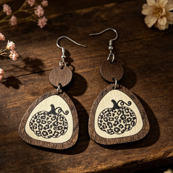 Fall Leopard Pumpkin Triangle Wooden Dangle Drop Earrings
