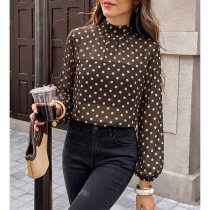 Brown Polka Dot Mock Neck Sheer Chiffon Long Balloon Sleeve Blouse