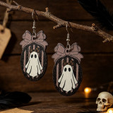 Halloween Cute Ghost Jar Pink Bow Wooden Dangle Drop Earrings