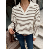 Womens Collared V Neck Striped Waffle Knit Sweatshirt