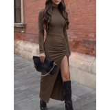 Womens Mock Neck Ruched Side Slit Ribbed Knit Maxi Dress