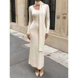 Womens U Neck Knit Maxi Dress With Matching Neck Scarf