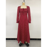 Womens Square Neck Polka Dot Long Sleeve Midi Dress