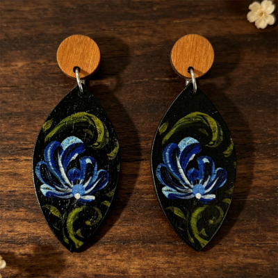 Boho Hand Painted Blue Flower Leaf Wooden Drop Earrings