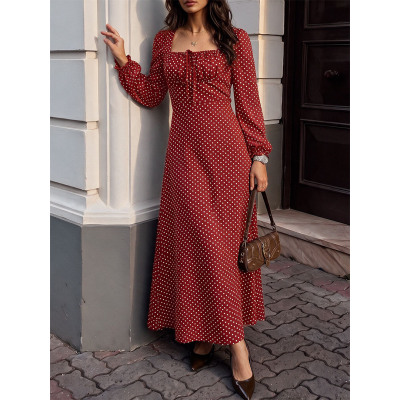 Womens Square Neck Polka Dot Long Sleeve Midi Dress