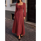 Womens Square Neck Polka Dot Long Sleeve Midi Dress