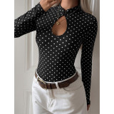 Polka Dot Cutout Long Sleeve Ribbed Bodysuit