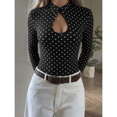 Polka Dot Cutout Long Sleeve Ribbed Bodysuit