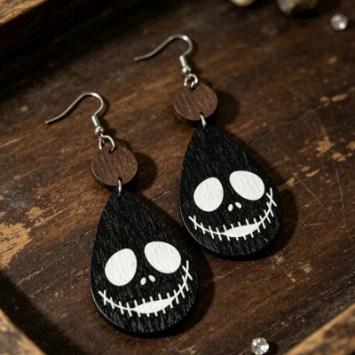 Halloween Skull Teardrop Wooden Dangle Earrings
