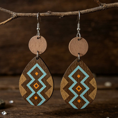 Aztec Geometric Teardrop Wooden Dangle Earrings