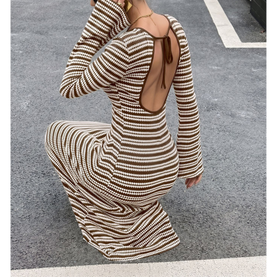 Striped Long Sleeve Knit Bodycon Midi Dress