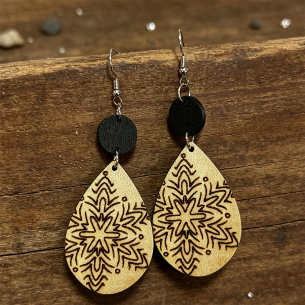 Mandala Engraved Wooden Teardrop Earrings