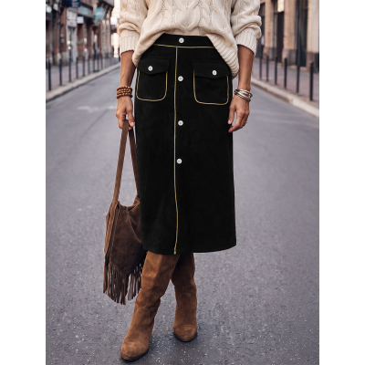 High Waist Corduroy Midi Skirt With Pockets