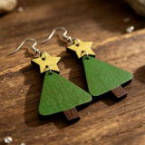 Star Christmas Tree Wooden Earrings