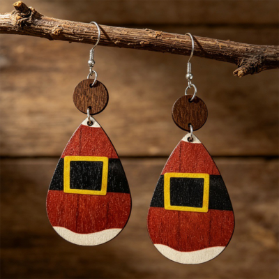 Santa Belt Wooden Teardrop Christmas Earrings
