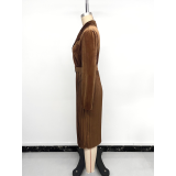 Brown Velvet Belted Pleated Midi Dress