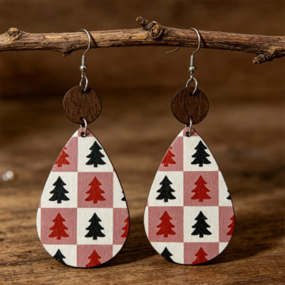 Christmas Tree Checkered Wood Teardrop Earrings