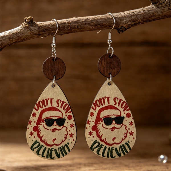 Cool Santa Print Wooden Teardrop Earrings
