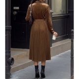 Brown Velvet Belted Pleated Midi Dress