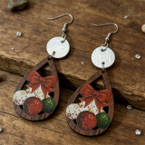 Christmas Bow Bauble Hollow Wood Teardrop Earrings