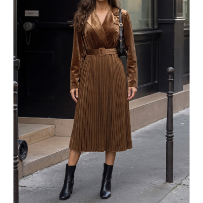 Brown Velvet Belted Pleated Midi Dress
