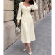 Cream Square Neck Puff Sleeve Midi Dress