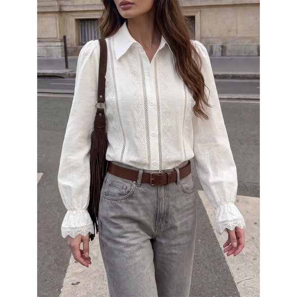 White Lace Embroidery Long Sleeve Shirt