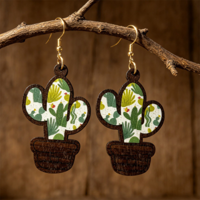 Potted Cactus Print Wooden Earrings