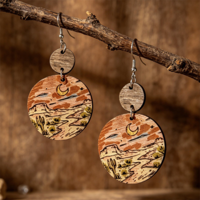 Desert Moon Cactus Print Wooden Round Earrings