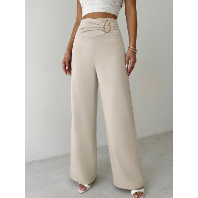 Beige Metal Buckle High Waist Wide Leg Pants For Women